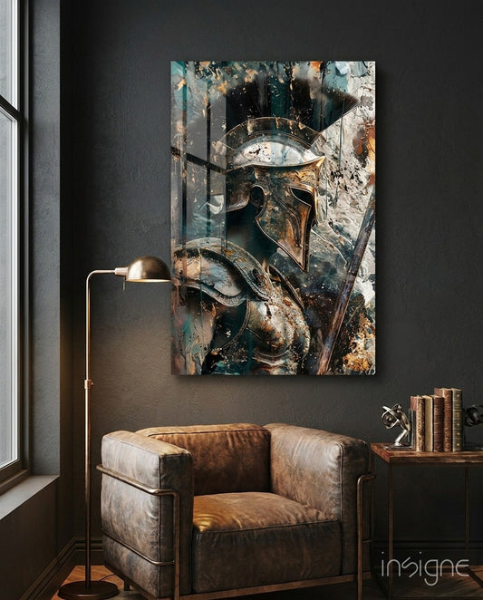 Teal Gold Spartan Helmet Glass Wall Art