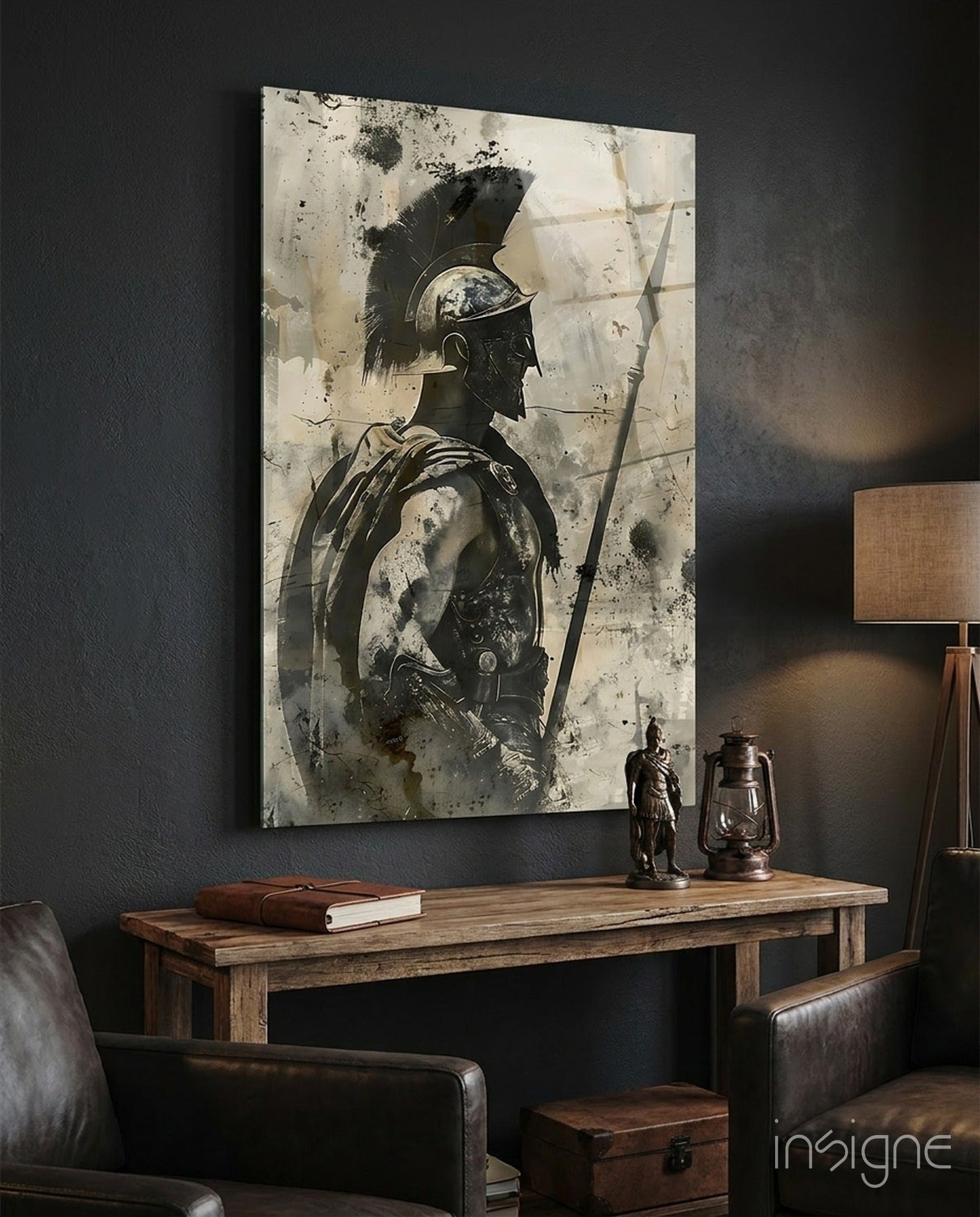 Sepia Spartan With Spear Glass Wall Art