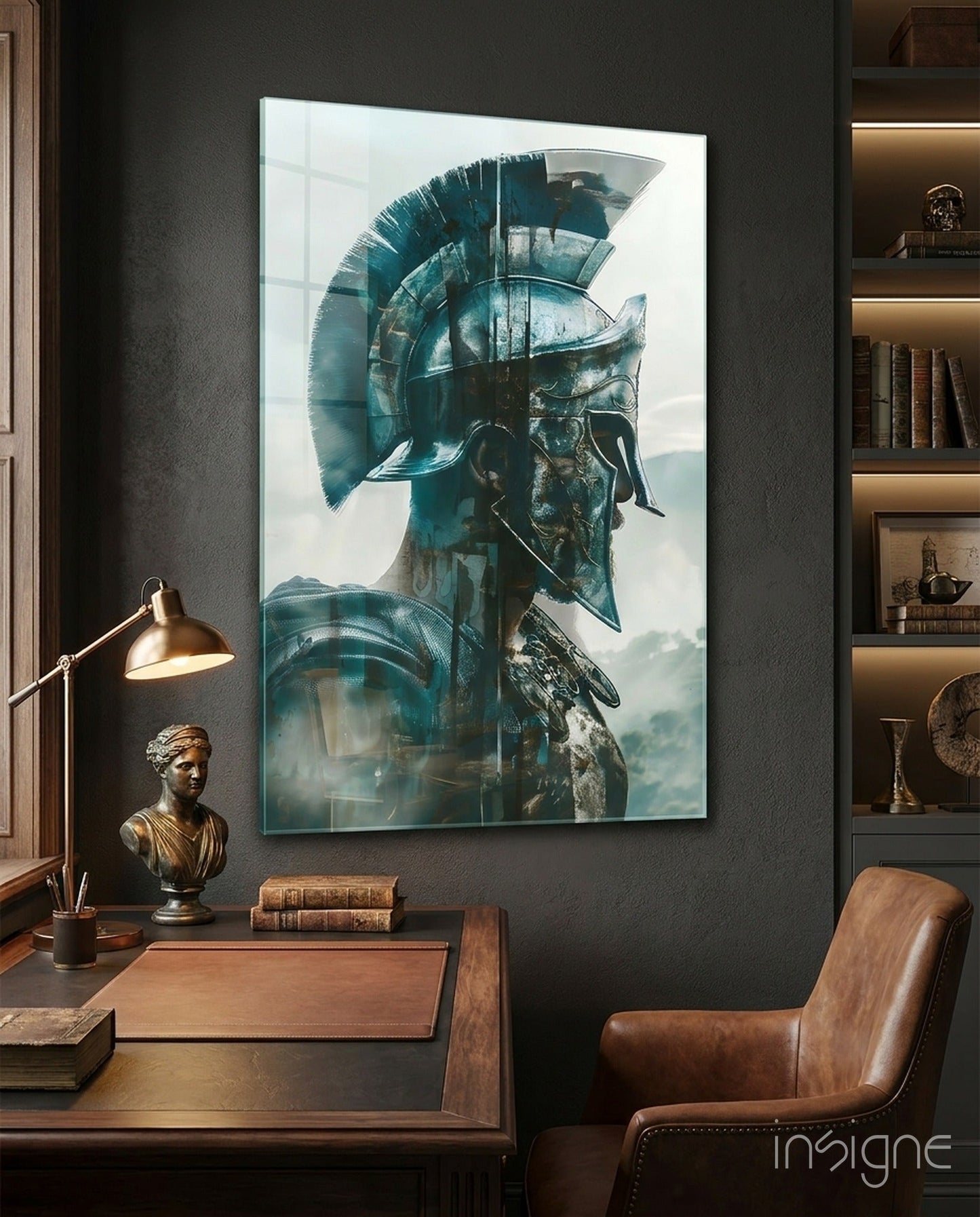 Teal Spartan Helmet Profile Glass Wall Art