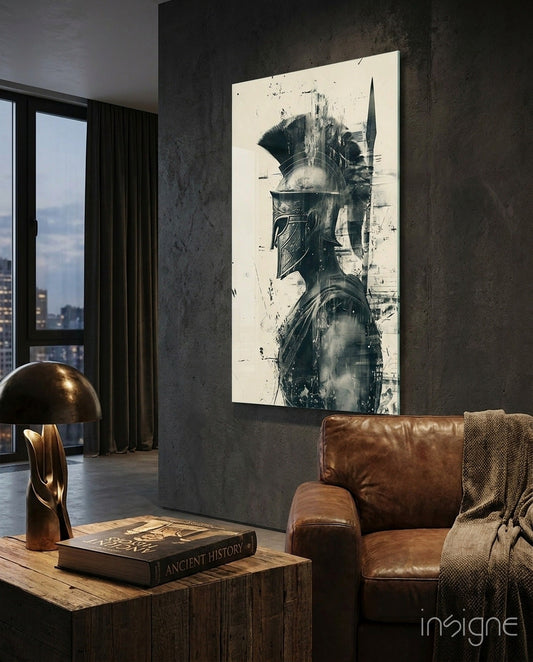 Monochrome Spartan helmet artwork displayed on dark concrete wall above brown leather chair in modern high-rise interior.