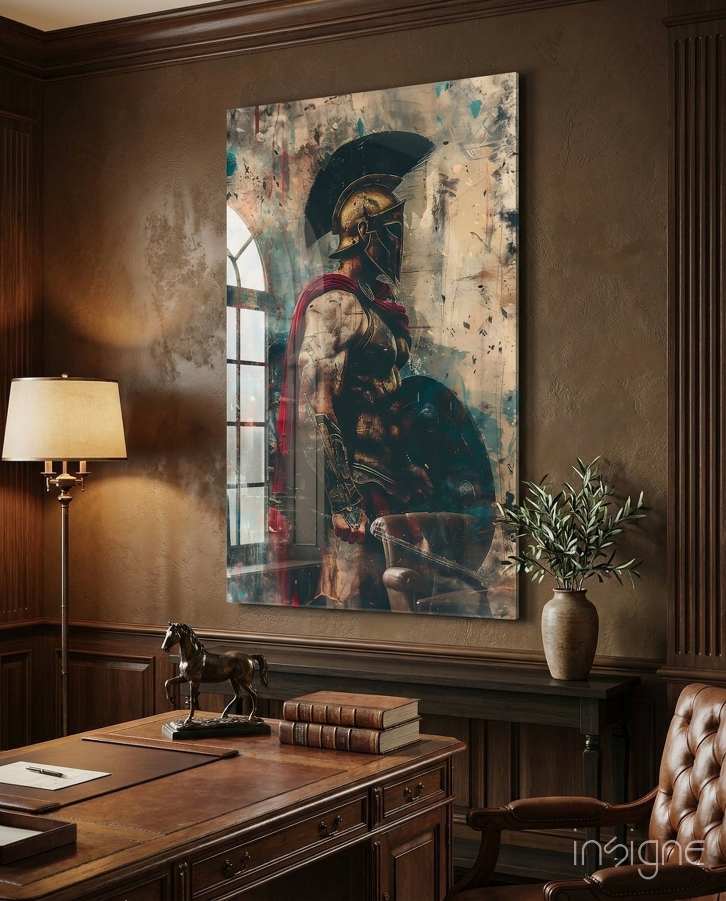 Red Caped Spartan Profile Glass Wall Art
