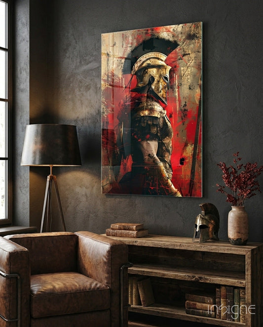 Crimson Splatter Gladiator Glass Wall Art displayed above a wooden console table in an industrial-style room with leather chair and lamp.