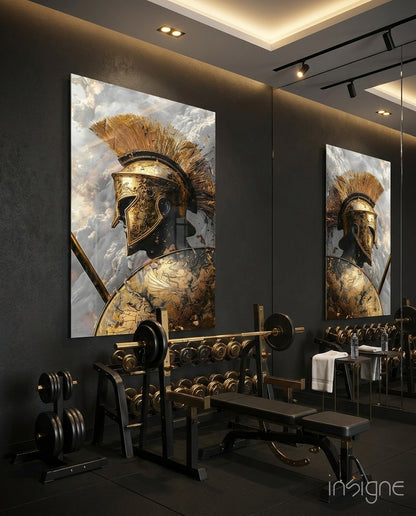 Golden Spartan Helmet Clouds Glass Wall Art