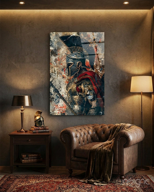 Grunge Gladiator Gold Armor glass wall art displayed above a leather armchair in a styled room with warm lighting and wooden side table.