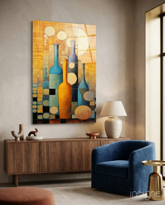 Abstract wine bottles wall art in geometric style displayed above wooden sideboard with blue armchair and cream lamp.