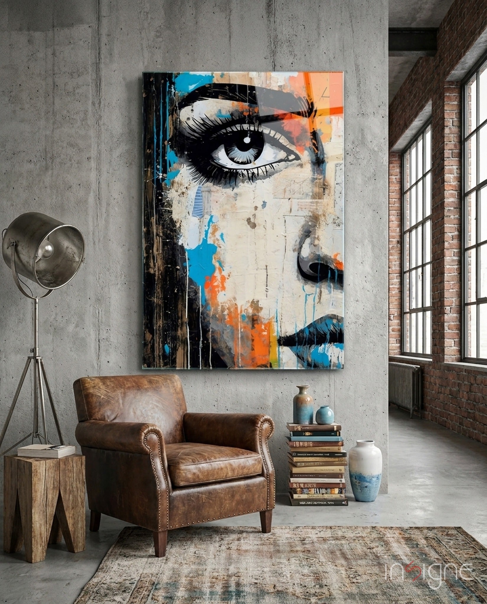 Modern industrial loft interior featuring large pop art portrait glass wall art with blue, orange, and black abstract face design above leather armchair.