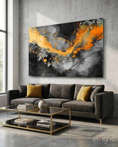 Orange Ink Wave Gray Marble Glass Wall Art