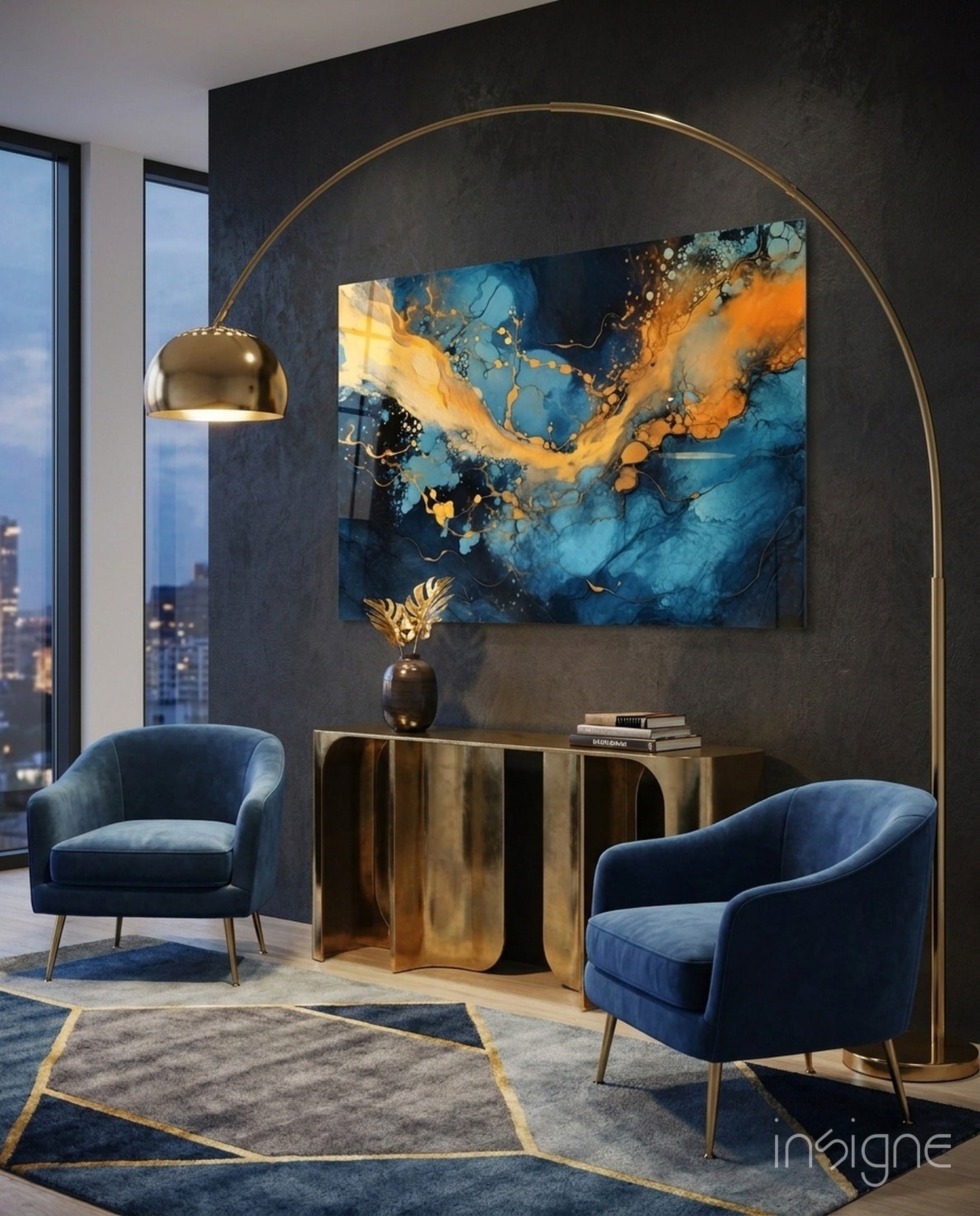 Turquoise Amber Ink Marble Flow Glass Wall Art