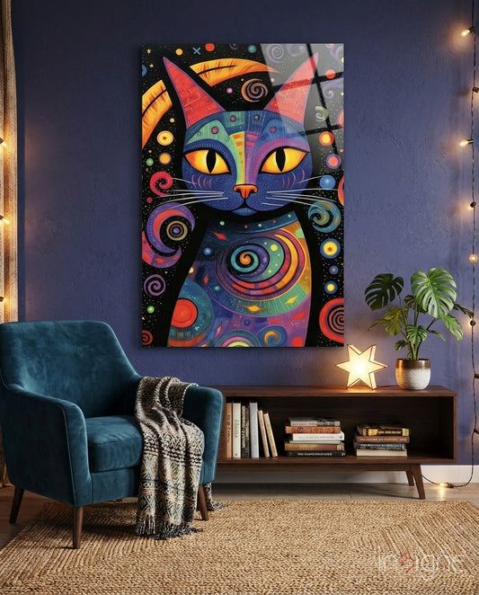 Colorful Night Cat glass wall art displayed above wooden shelf in modern living room with blue chair and warm lighting.