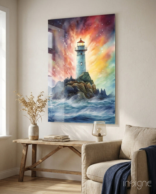 Glass wall art depicting a lighthouse on rocky cliffs with dramatic sunset sky and ocean waves below, displayed above wooden table in coastal room setting.