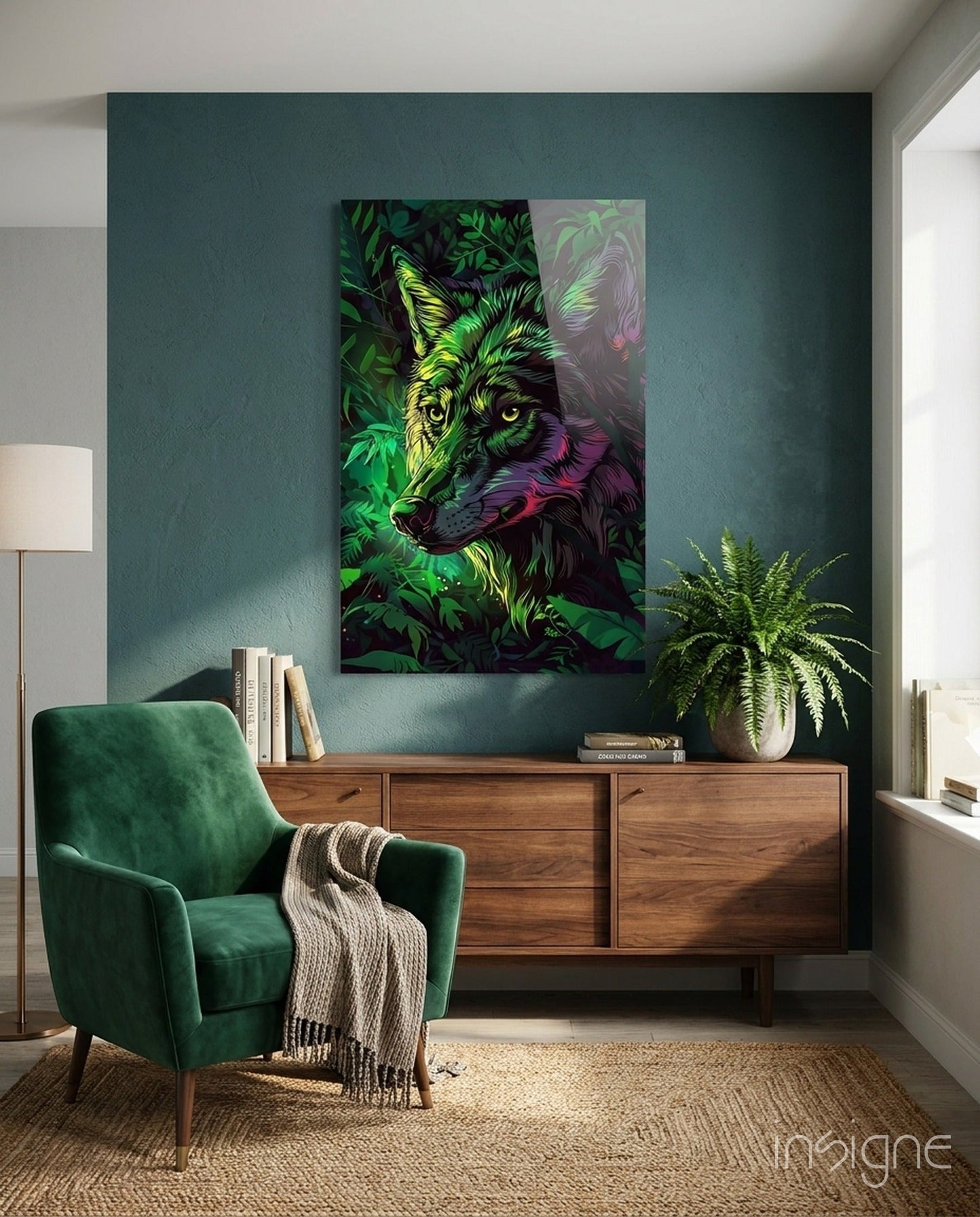 Neon Jungle Leaves Side Gaze Wolf Glass Wall Art