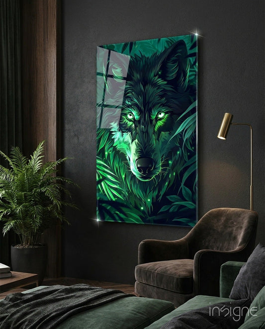 Glowing green-eyed wolf glass wall art displayed above a brown armchair in a modern dark bedroom with potted plant and brass floor lamp.