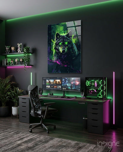 Cyber Neon Rain Green Wolf Glass Wall Art