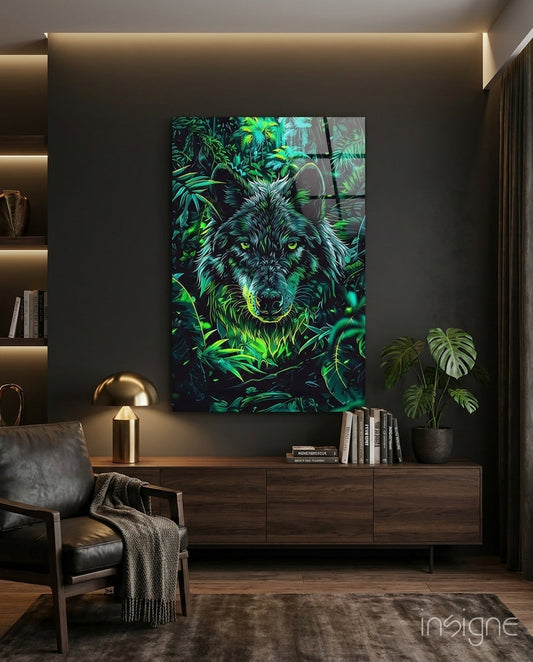 Tropical Foliage Portrait Wolf Glass Wall Art displayed above a wooden console in a modern living room with dark walls and warm lighting.