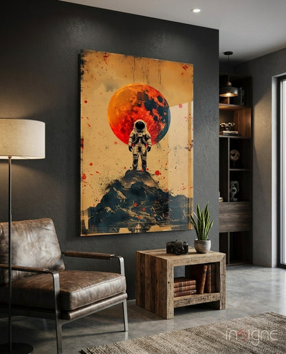 Red Moon Mountain Astronaut Glass Wall Art