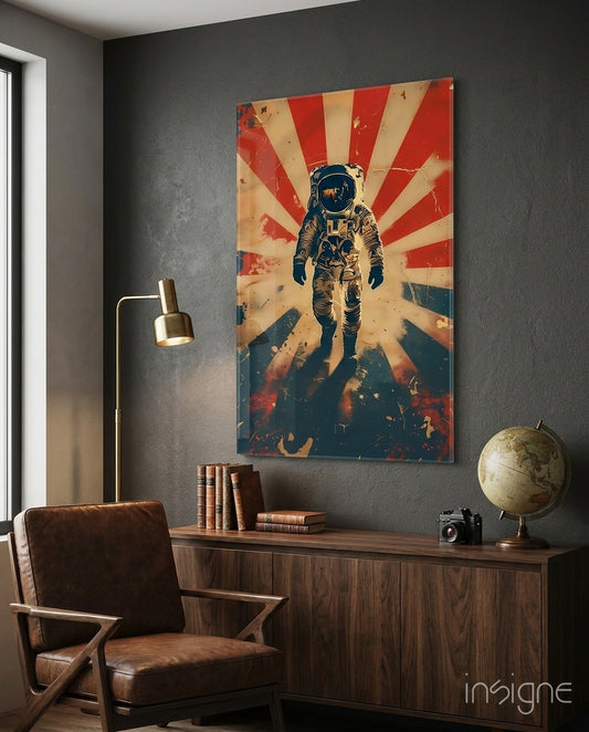Retro sun rays astronaut glass wall art displayed above wooden desk in modern office setting with leather chair and globe.