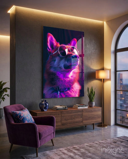 Pink Neon Shiba Aviator Dog with Glasses Glass Wall Art