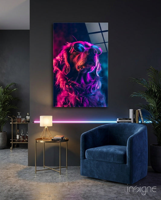 Neon magenta and blue glowing dog wearing sunglasses displayed on dark wall above furniture in modern room setting.