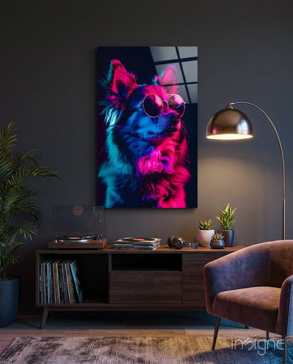 Blue and Pink Fluffy Chihuahua Dog with Glasses Glass Wall Art
