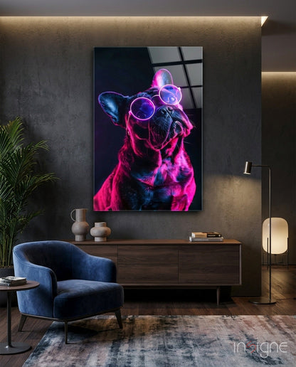 Purple Neon Frenchie Looking Up Dog with Glasses Glass Wall Art