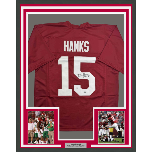 Framed maroon Alabama Crimson Tide jersey number 15 with "HANKS" nameplate, signed, flanked by two action photos.