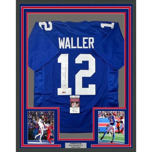 Framed blue New York Giants jersey number 12 signed by Darren Waller with two action photos and JSA certification.