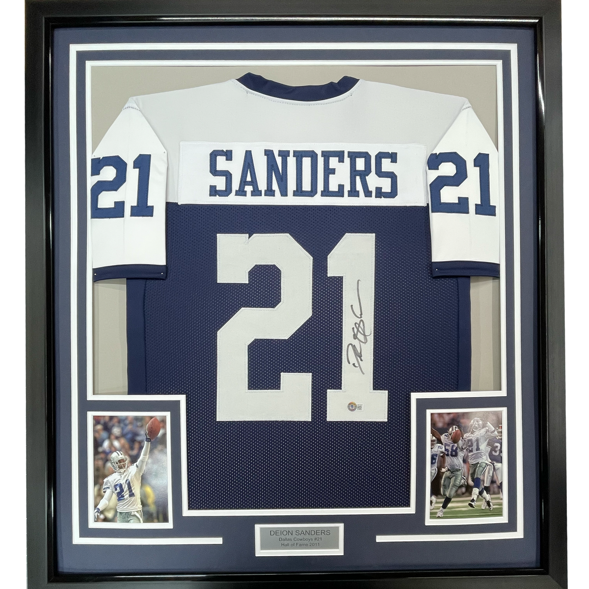 Framed Autographed Deion Sanders 35x39 Dallas Thanksgiving Day Football Jersey Beckett BAS COA