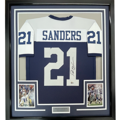 Framed Autographed Deion Sanders 35x39 Dallas Thanksgiving Day Football Jersey Beckett BAS COA
