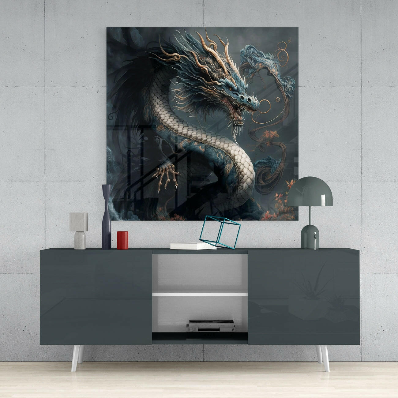 Dark Oriental Dragon Gold Whiskers Glass Wall Art