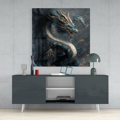 Dark Oriental Dragon Gold Whiskers Glass Wall Art