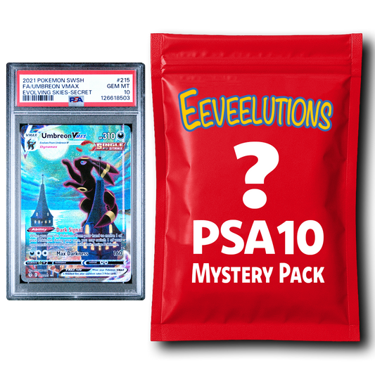 PSA 10 graded Umbreon VMAX card in protective case displayed beside red Eeveelutions mystery pack.