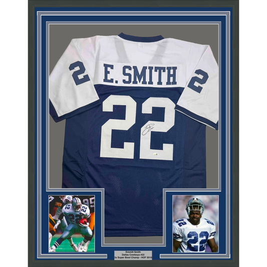 Framed Autographed/Signed Emmitt Smith 35x39 Dallas Thanksgiving Football Jersey Beckett BAS COA