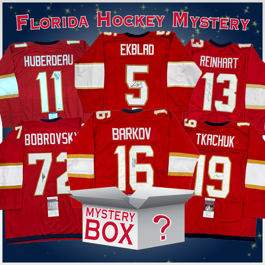 Six signed red Florida Panthers jerseys displayed flat with visible player names and numbers, plus a mystery box with question mark on starry blue background.