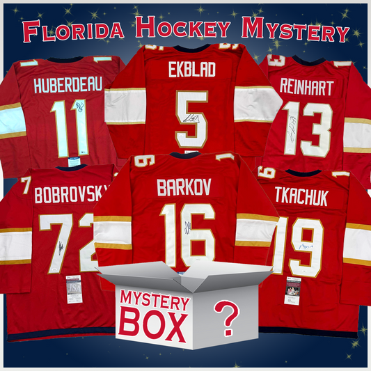 Six signed red Florida Panthers jerseys displayed flat with visible player names and numbers, plus a mystery box with question mark on starry blue background.