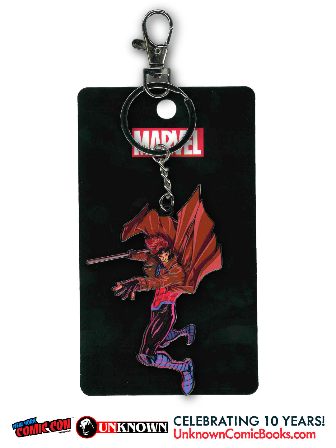 Front view of a metal Gambit keychain with a red coat and staff, mounted on a black card printed with the Marvel logo.