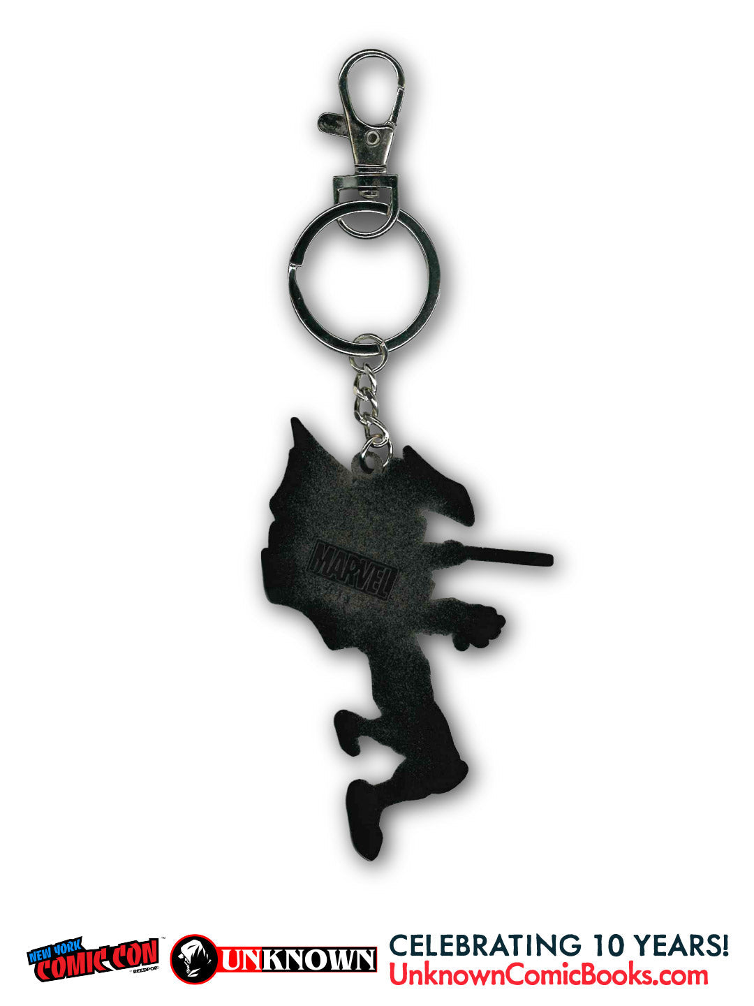 Back view of a black keychain in a leaping silhouette with a small Marvel logo, hung from a silver clasp and chain.