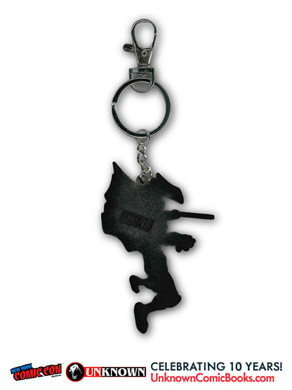 Back view of a black keychain in a leaping silhouette with a small Marvel logo, hung from a silver clasp and chain.