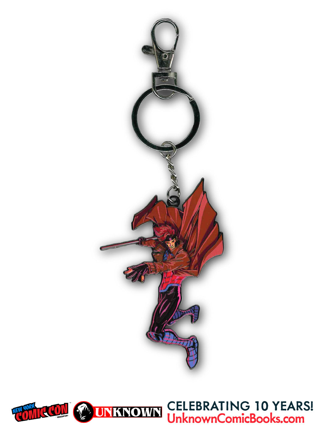 Front view of a metal keychain with a red, black and purple figure in a red coat holding a staff.