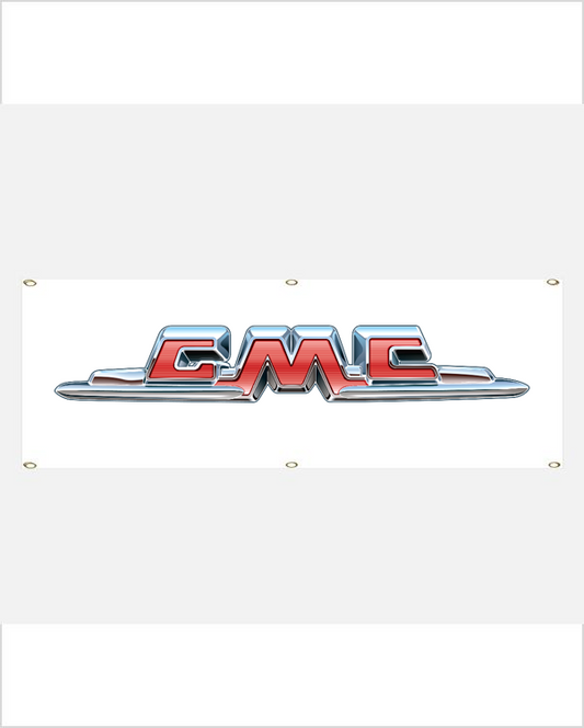 Front view of a white vinyl banner with grommets, showing a chrome-look GMC emblem with red lettering and silver edges.