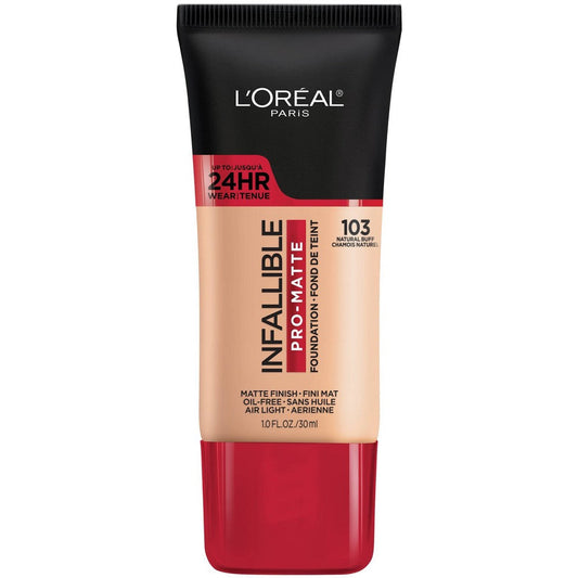 L'Oreal Paris Infallible Pro-Matte liquid foundation tube with black cap and red base, shade 103 Natural Buff displayed against white background.