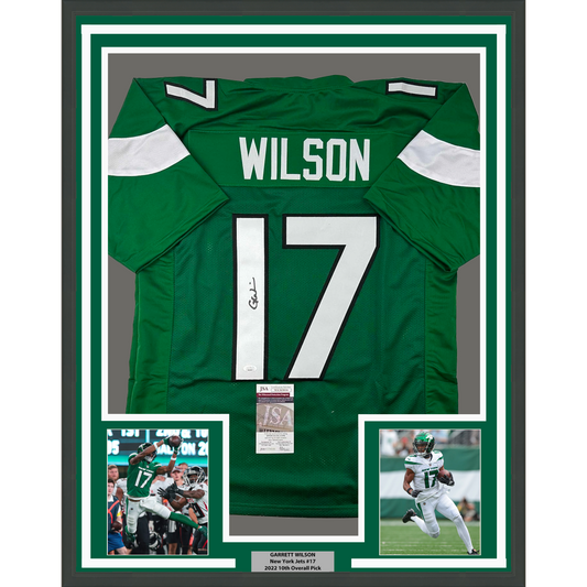 Framed green New York Jets #17 Wilson jersey with autograph, flanked by two action photos and JSA authentication certificate.