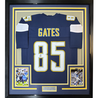 Framed Autographed/Signed Antonio Gates 35x39 Los Angeles LA Dark Blue Football Jersey Beckett BAS COA