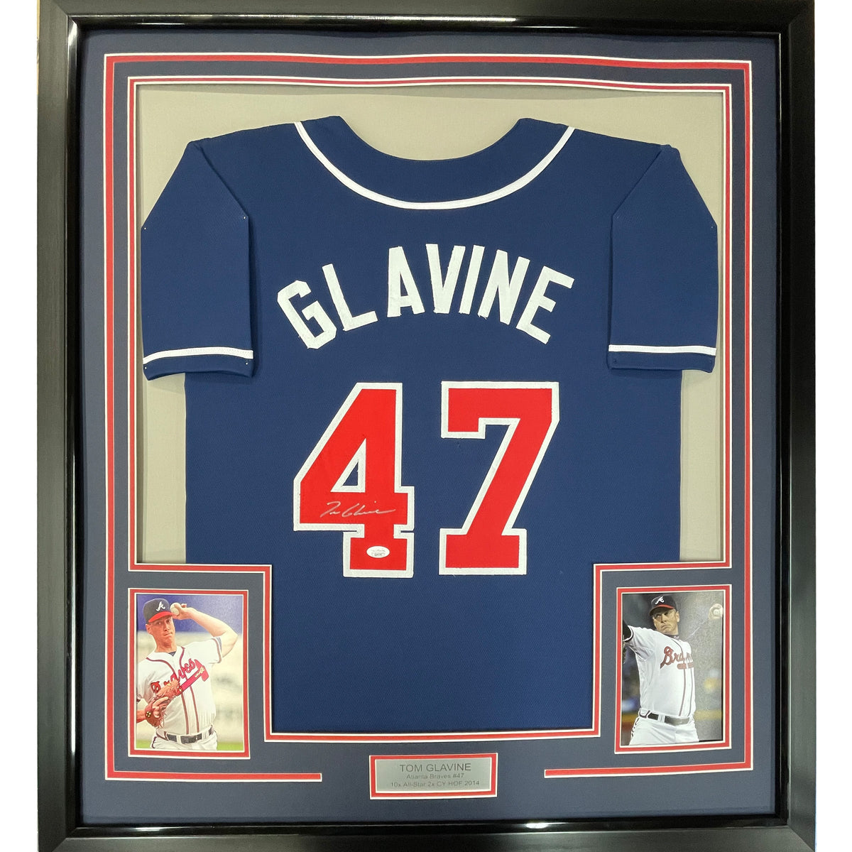 Framed Autographed/Signed Tom Glavine Hall of Fame Atlanta Braves Blue Baseball Jersey JSA COA