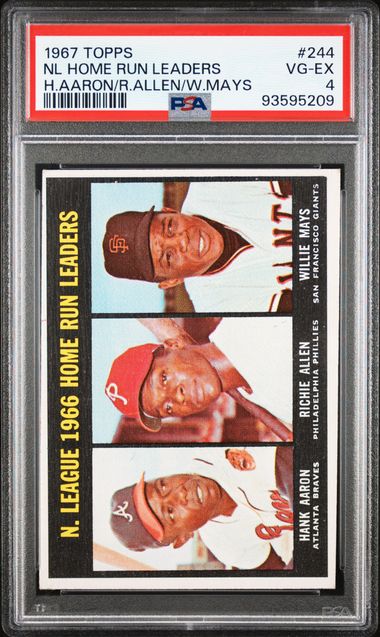 Front of 1967 Topps baseball card #244 showing three portrait photographs of home run leaders with red and yellow text on black background, graded PSA 4.