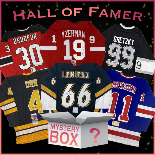 Six autographed hockey jerseys featuring Hall of Famers Brodeur, Yzerman, Gretzky, Orr, Lemieux, and Messier arranged around a white mystery box against a black starry background.