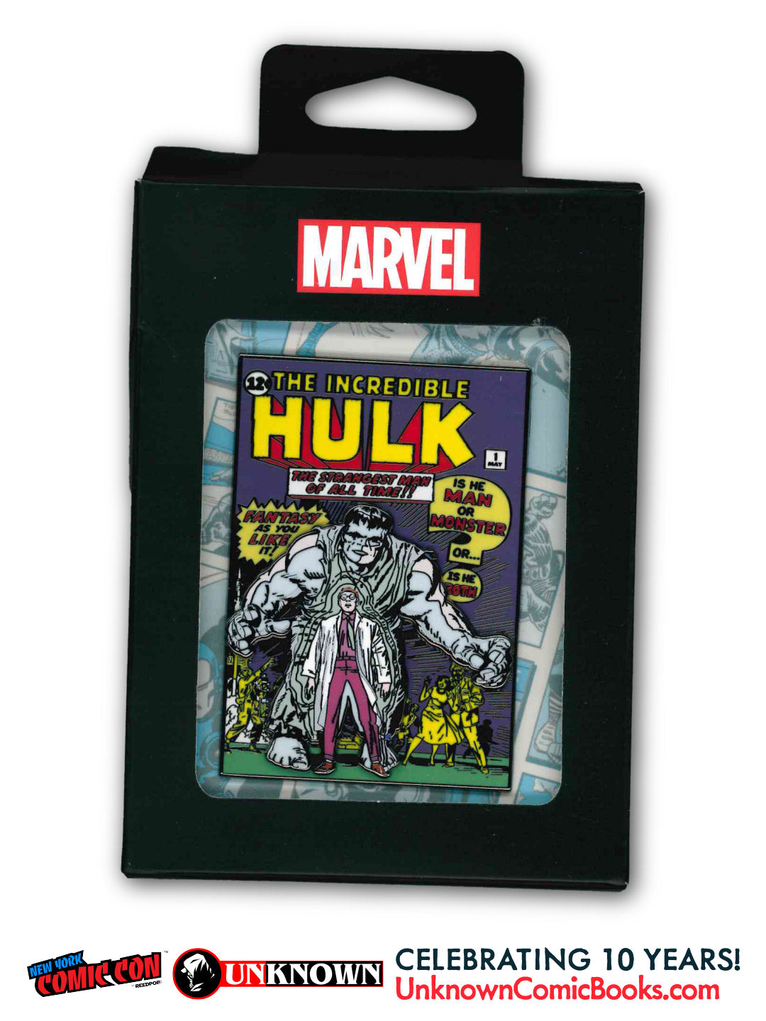 Front view of black packaging with a Marvel logo and a window showing a Hulk #1 cover pin with yellow lettering.