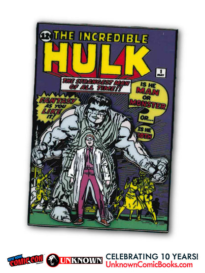 Front view of a comic-cover pin: a grey Hulk looms over a bespectacled scientist in a white lab coat.