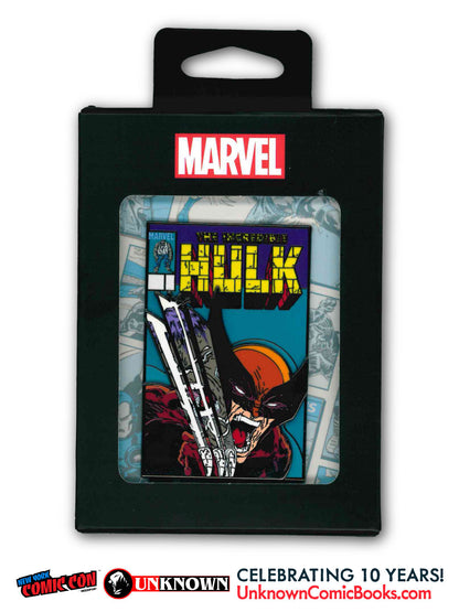 Front view of black packaging with a red Marvel logo, showing a snarling clawed comic-cover enamel pin behind a clear window.