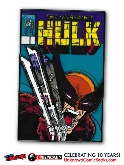 Front view of a comic-cover enamel pin showing a snarling clawed figure beside yellow "Incredible Hulk" lettering on teal.