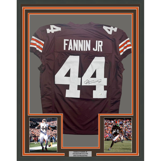 Framed maroon Cleveland Browns jersey number 44 with "FANNIN JR" nameplate and autograph, displayed with two action photos and nameplate below.